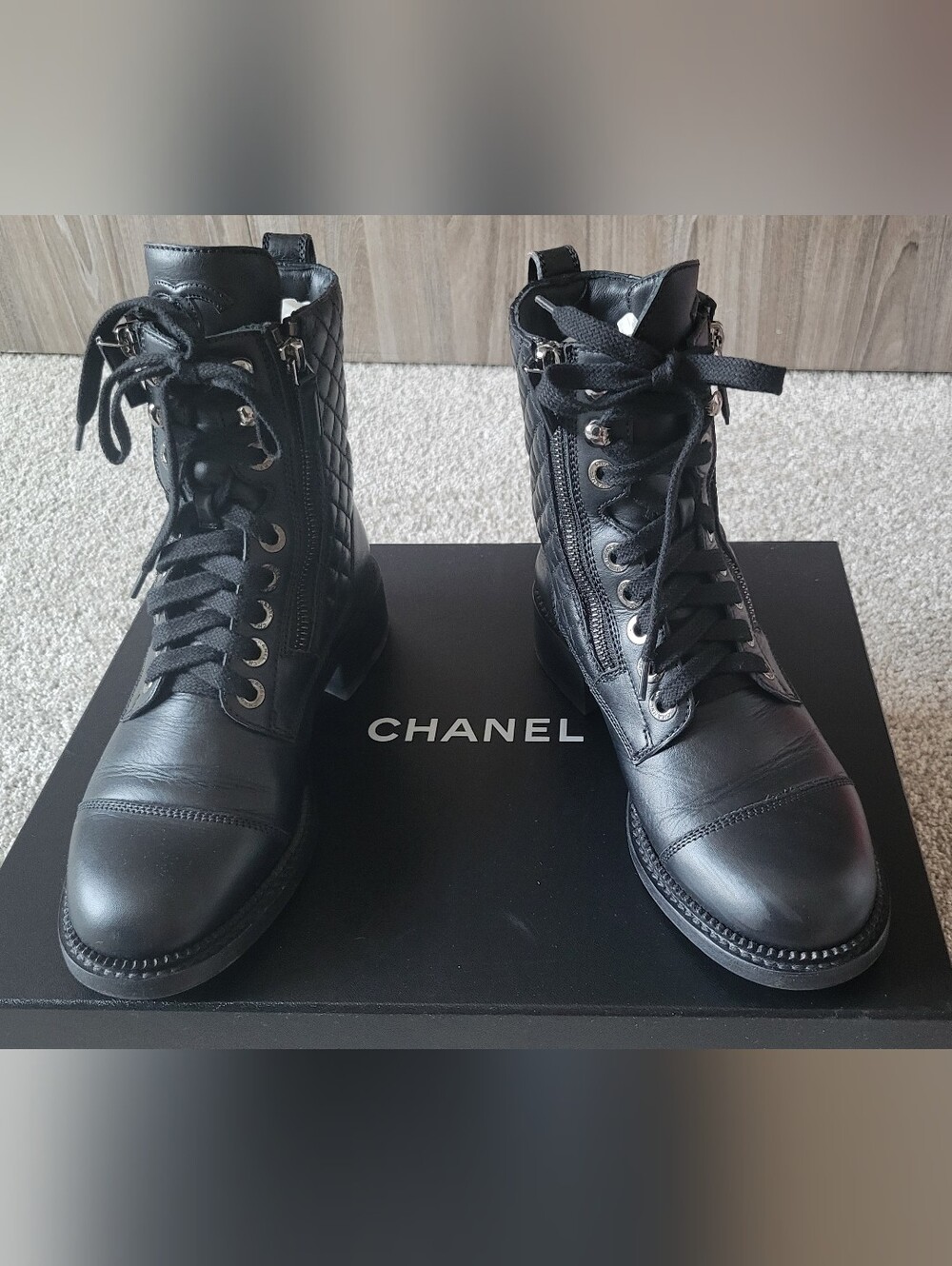 CHANEL Quilted Calfskin Lace Up Combat Boots Black Size 36.5